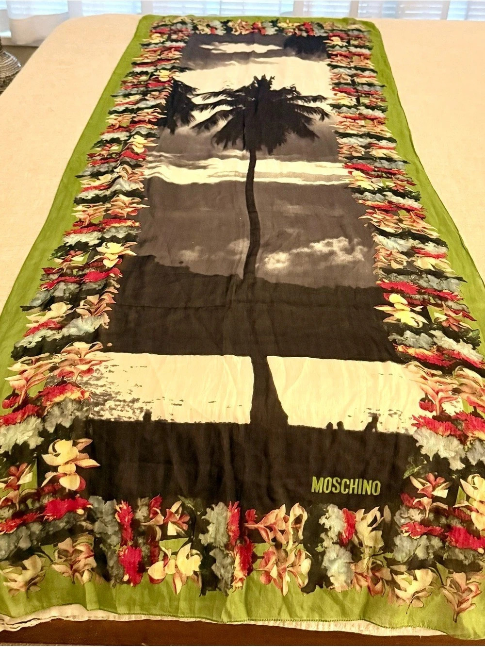 Moschino Palm Tree & Floral Silk Scarf in Green & Black/Navy